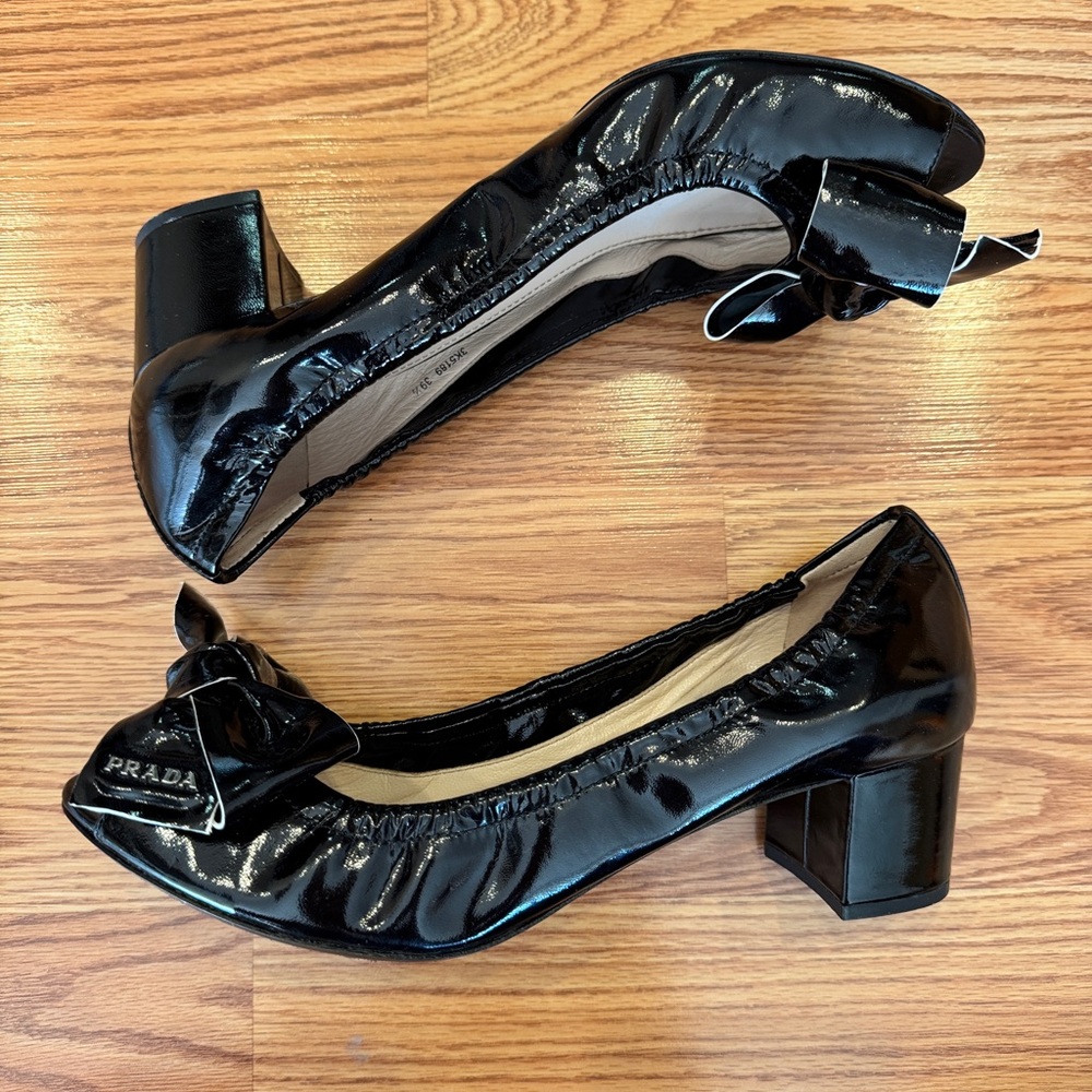 Prada Sport Patent Leather Bow Accent Block Heel Shoes Black size 39 1/2 - Picture 3 of 6